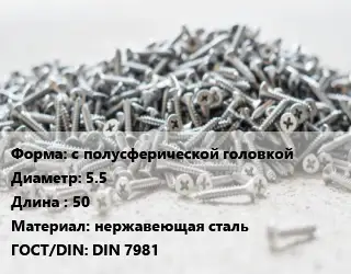 Шуруп с полусферической головкой 5.5х50 нержавеющая сталь ГОСТ: DIN 7981